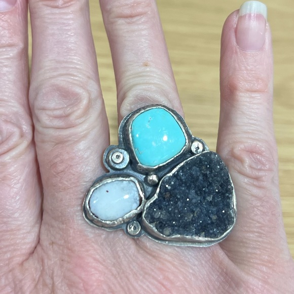 Large Sterling Silver, Turquoise, Quartz Druzy, & Enamel Statement Ring. - Picture 6 of 14